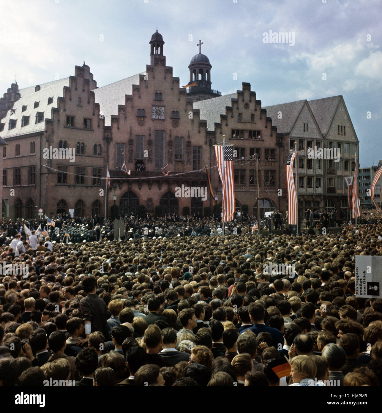 Cheering crowd in front of the city hall Roemer on 23 June 1963 waiting for John F. Kennedy. Stock Photo