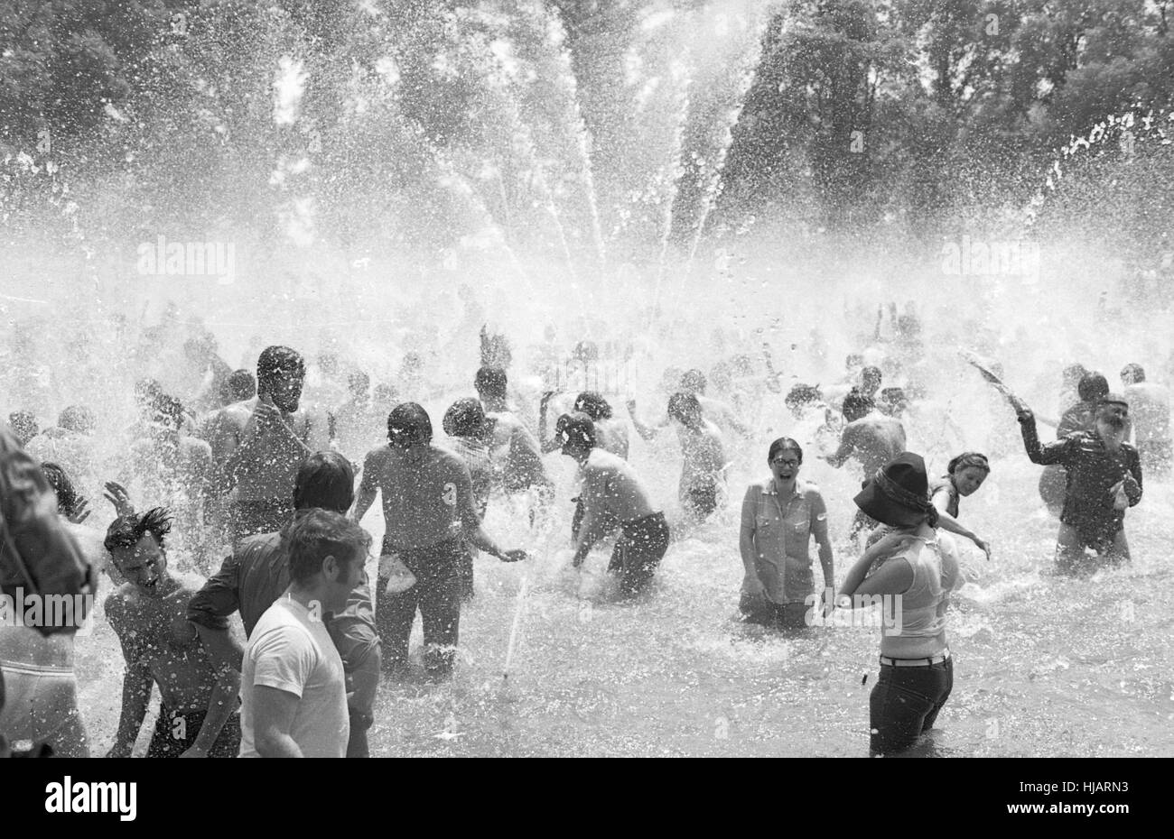 Protesters frolic in a fountain during the anti-war protest in Washington, DC, May 9, 1970. Stock Photo