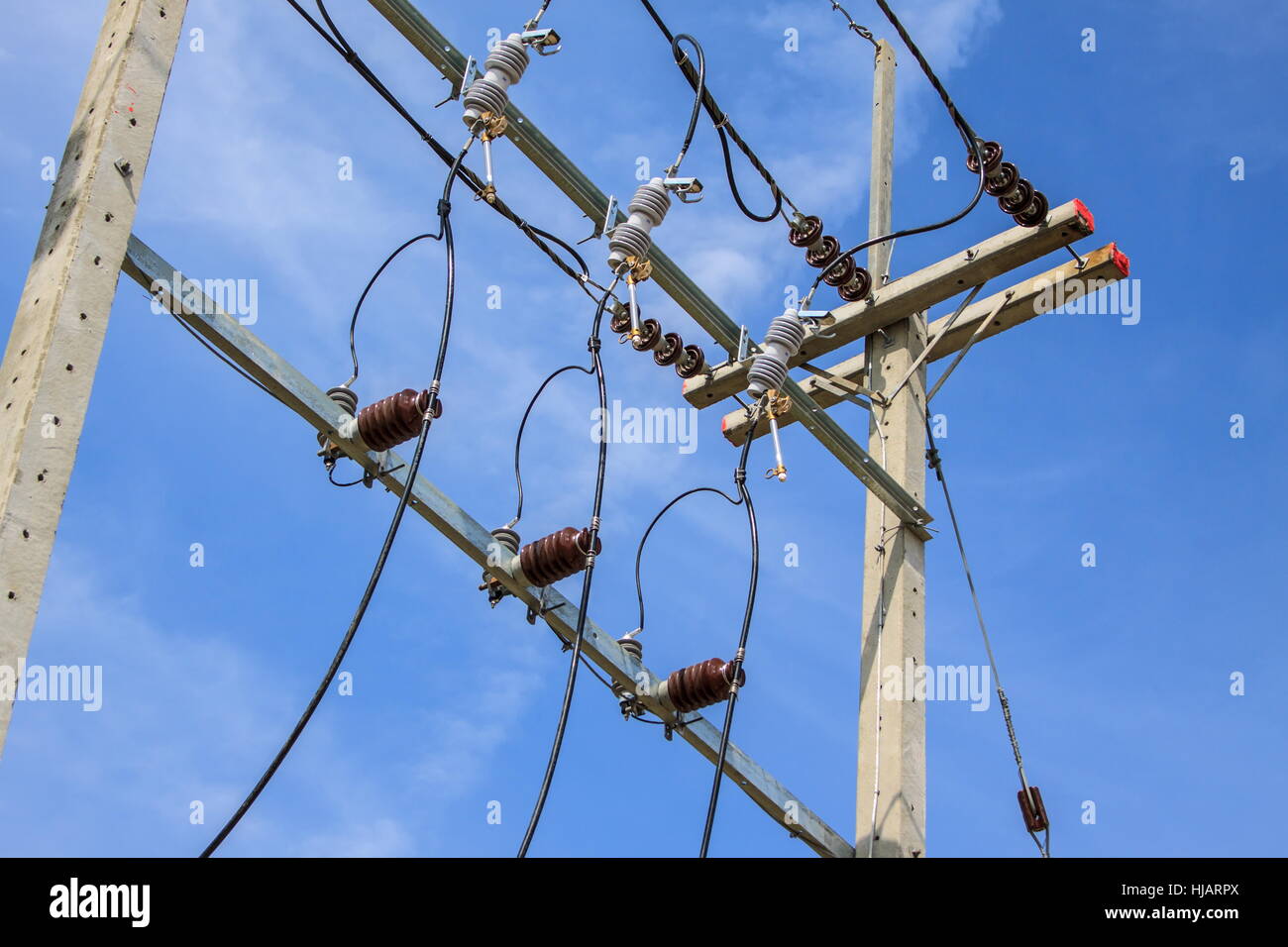 Electric pole with wires on a background of blue sky Stock Photo - Alamy