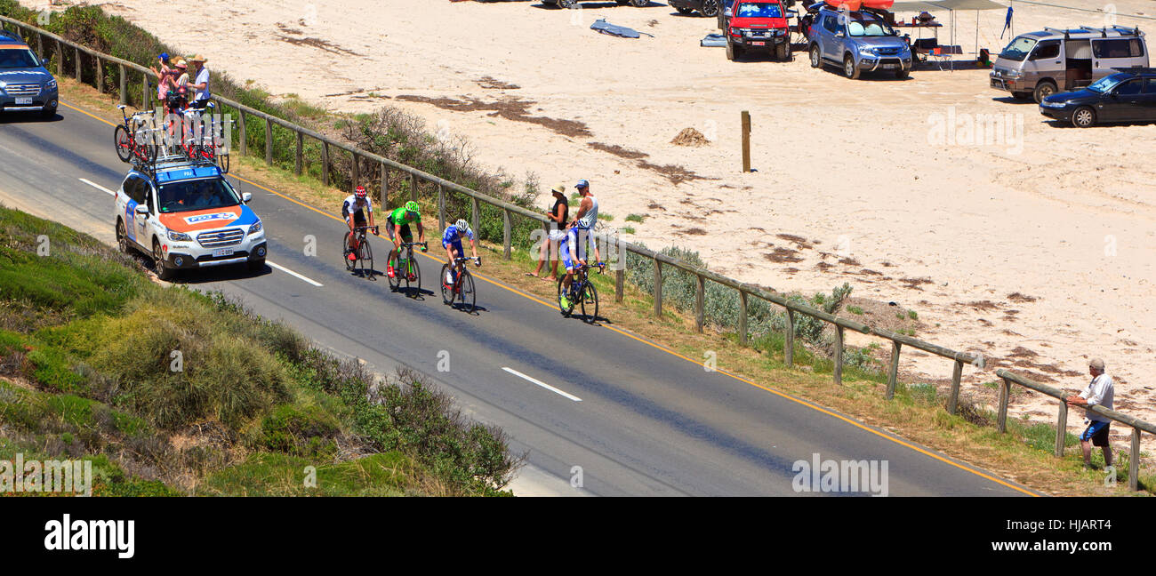 Tour Down Under TDU Santos cycling bike race pedaling crowd Aldinga beach South Australian Australia sport sporting event Stock Photo