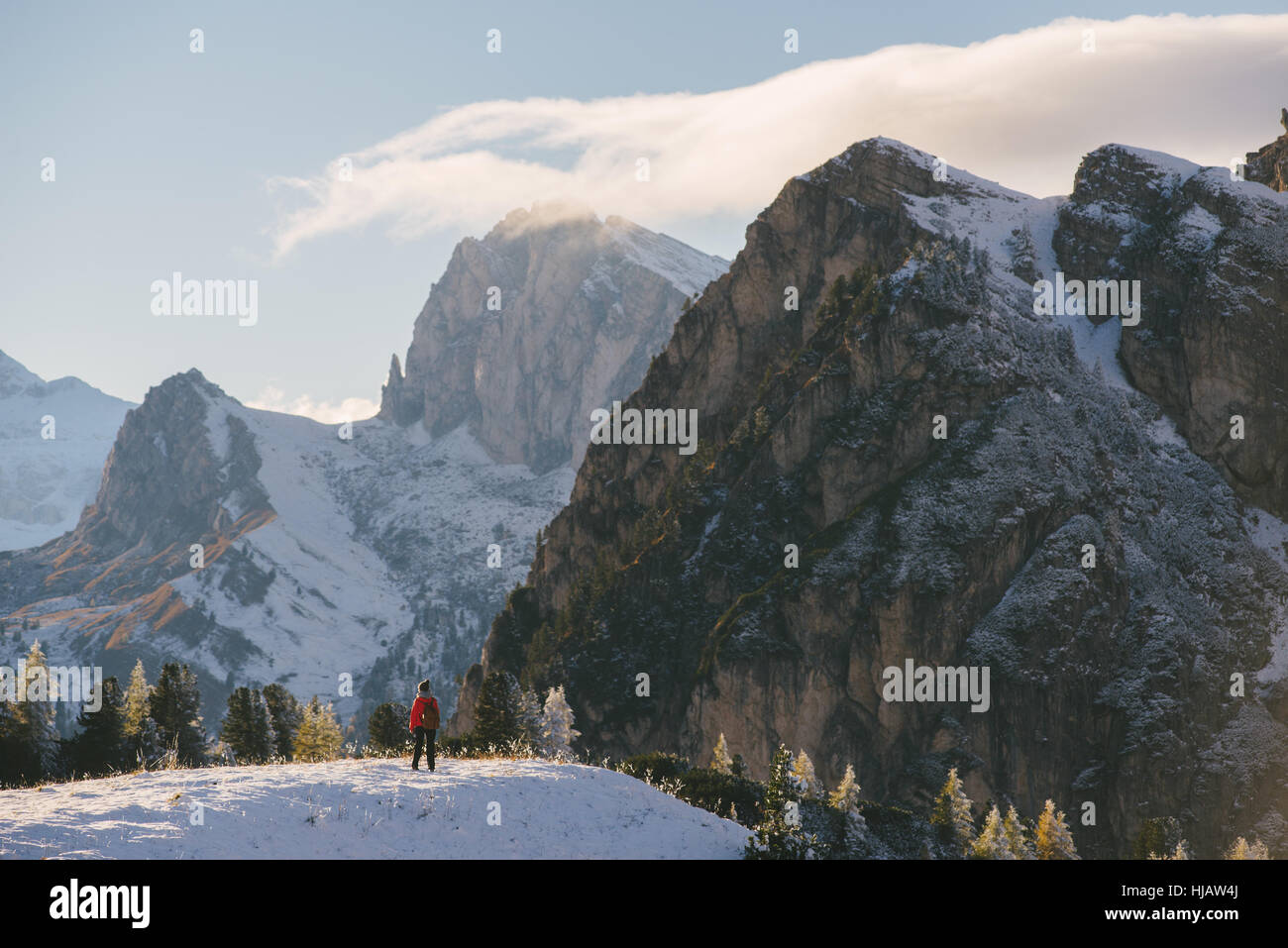 Young woman looking at view, Limides Lake, South Tyrol, Dolomite Alps, Italy Stock Photo