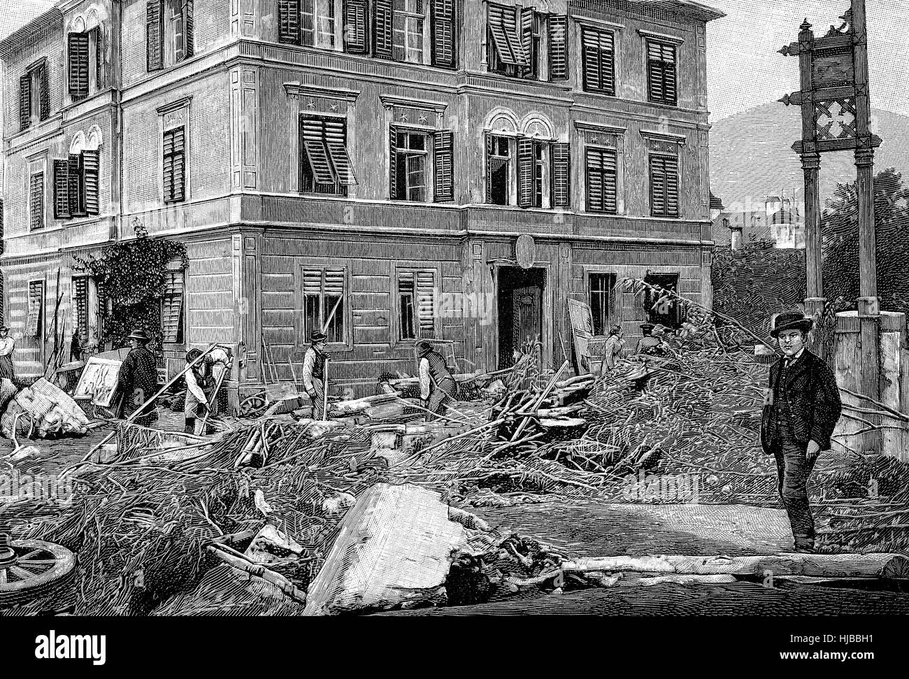 Brixlegg, a market town in the Kufstein district in the Austrian state of Tyrol, Austria. The post-office after the big flood in 1893 in the Alpbachtal, historical image or illustration from the year 1894, digital improved Stock Photo