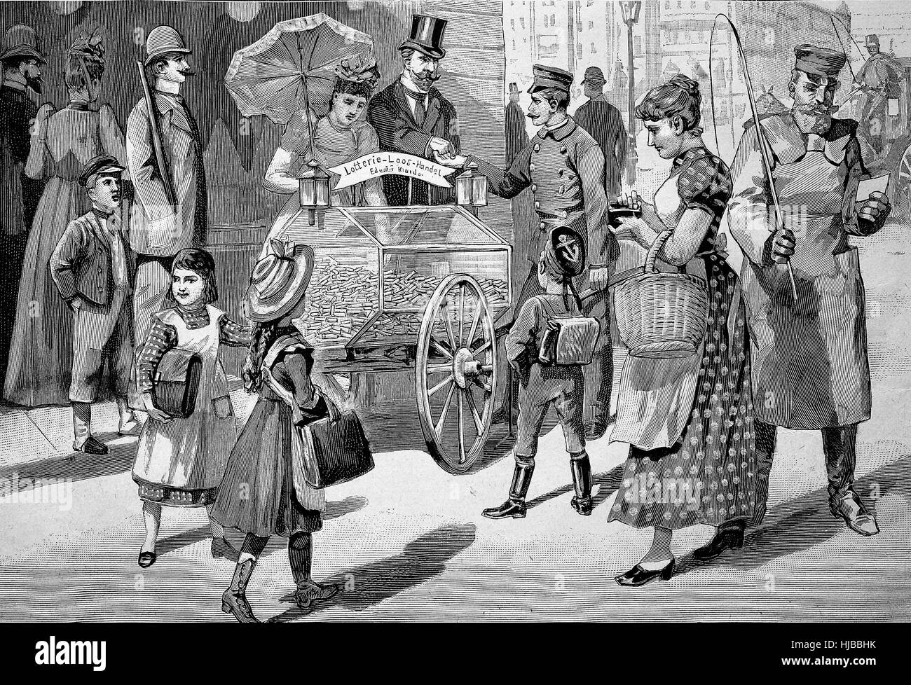 selling lots, Lottery tickets, for the lottery in the streets of Berlin, Germany, historical image or illustration from the year 1894, digital improved Stock Photo