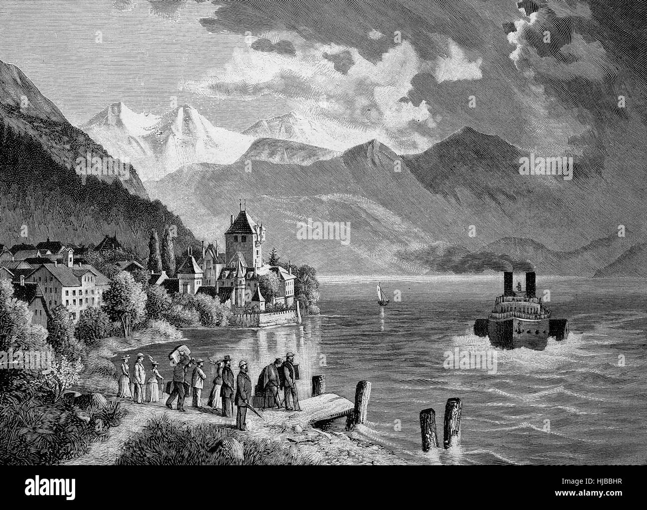 Lake Thun, Thunersee, is an Alpine lake in the Bernese Oberland in Switzerland, here with the castle of Oberhofen, historical image or illustration from the year 1894, digital improved Stock Photo
