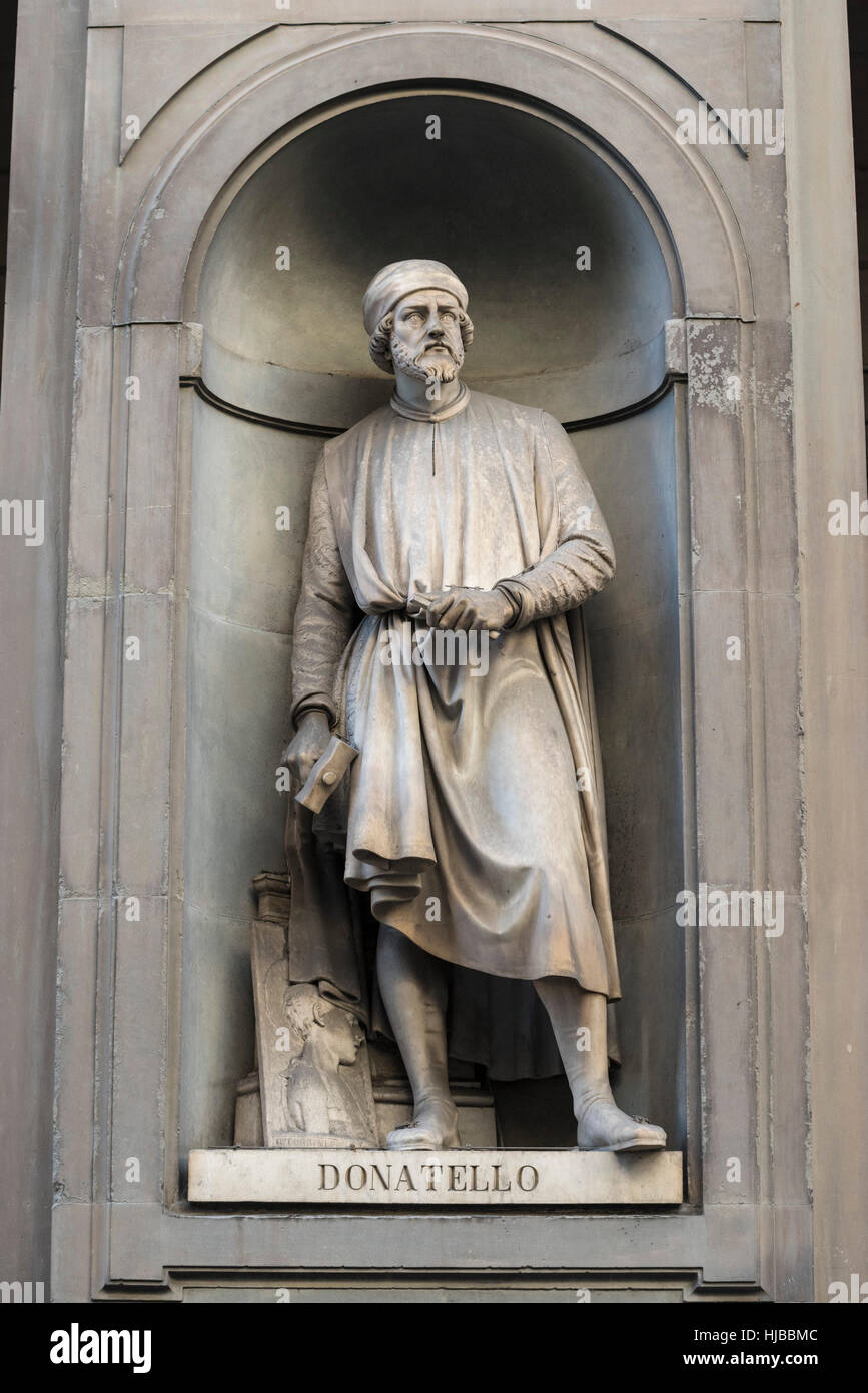 Florence. Italy. Statue Donatello (Donato di Niccolò di Betto Bardi ca. 1386-1466), Italian sculptor, Uffizi Gallery. Stock Photo