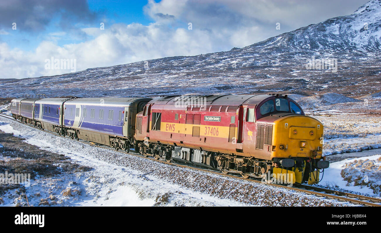 37406 is seen working 1Y11 the Edinburgh to Fort William sleeper service past Corrour, West