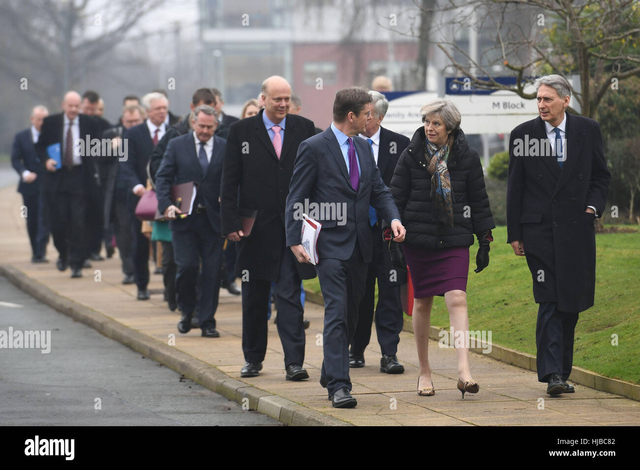 Prime Minister Theresa May arrives to hold a regional Cabinet meeting in Runcorn, Cheshire, as she launched her industrial strategy for post-Brexit Britain with a promise the Government will 'step up' and take an active role in backing business. Stock Photo