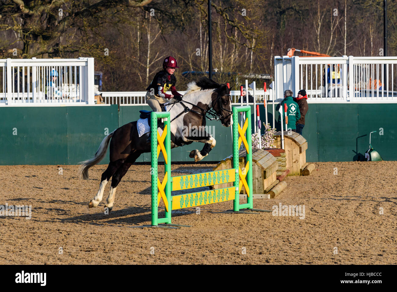 Female rider on her horse jumping over a fence at a competition. Stock Photo