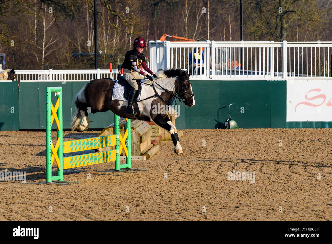 Female rider on her horse mid jump over a fence at a competition. Stock Photo