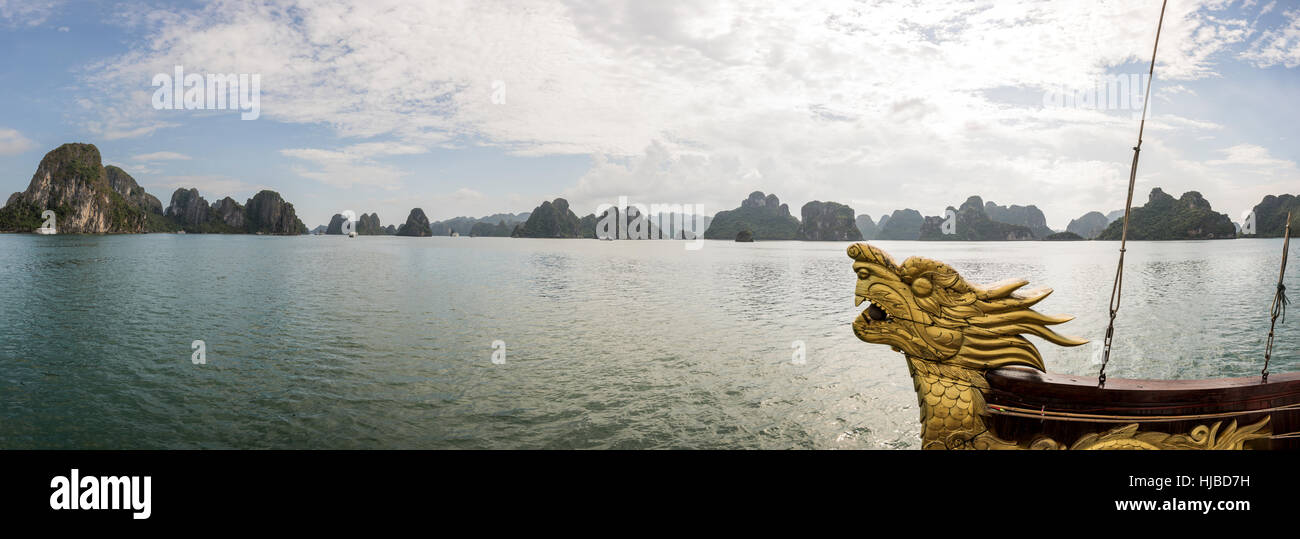 Dragon boat in waters of Ha Long Bay, Vietnam Stock Photo