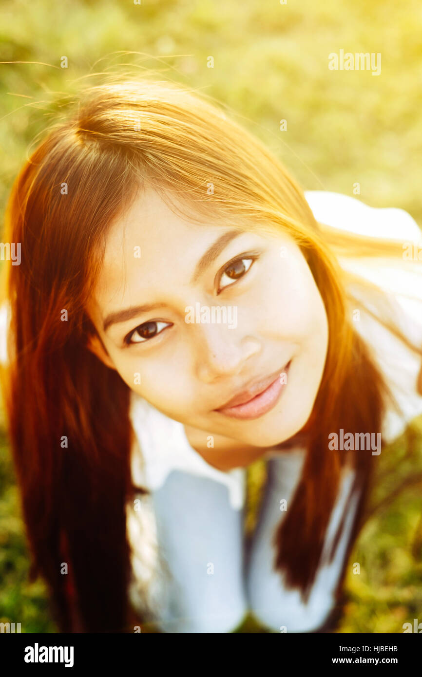 Happy spring portrait of beautiful young girl Stock Photo