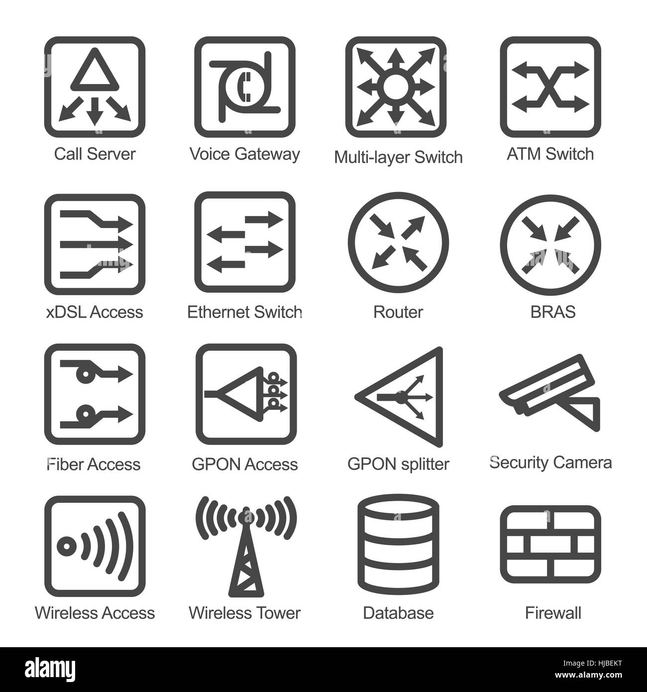 Network Equipment Icon Set - Isolated Vector Illustration. Simplified line design. Black icons collection on white bacground. Stock Vector
