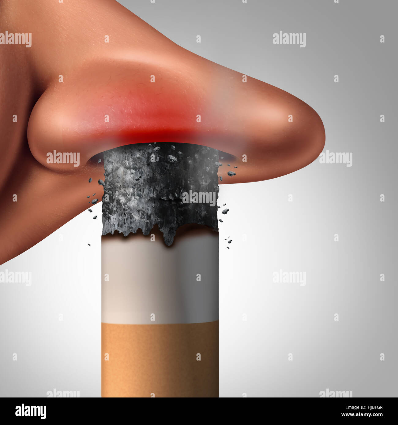 Breathing cigarette smoke and passive smoking health danger concept as a burning tobacco product inside the nostril of a human nose with 3D illustrati Stock Photo