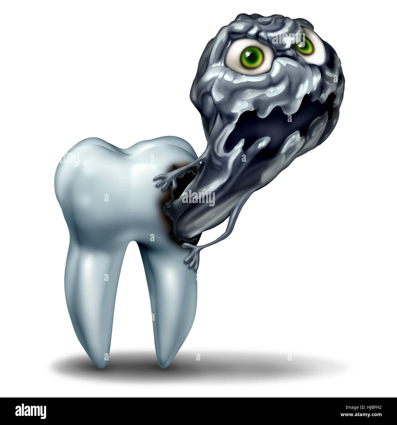 Tooth cavity monster concept as a decaying character representing dental rot emerging out as a dentist health and dental care symbol for oral hygiene Stock Photo