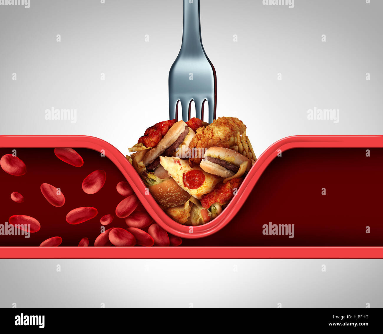 Poor circulation food and cause of clogged artery or human vein as a fork with greasy fast food causing narrowing of arteries blocking blood flow to t Stock Photo