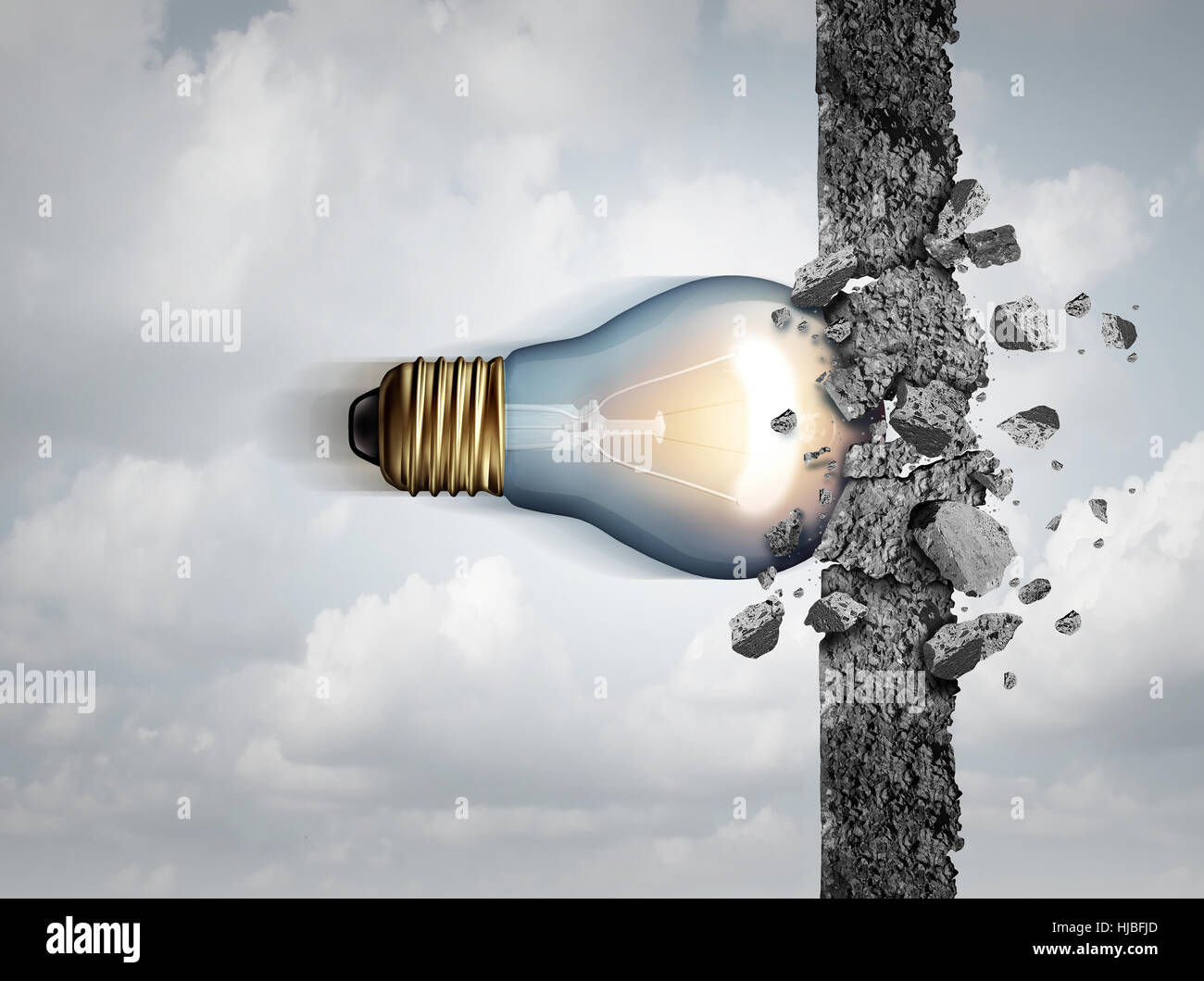 Power of ideas and unlimited creative strength as a light bulb breaking through a cement wall as a creativity force metaphor or business concept for t Stock Photo