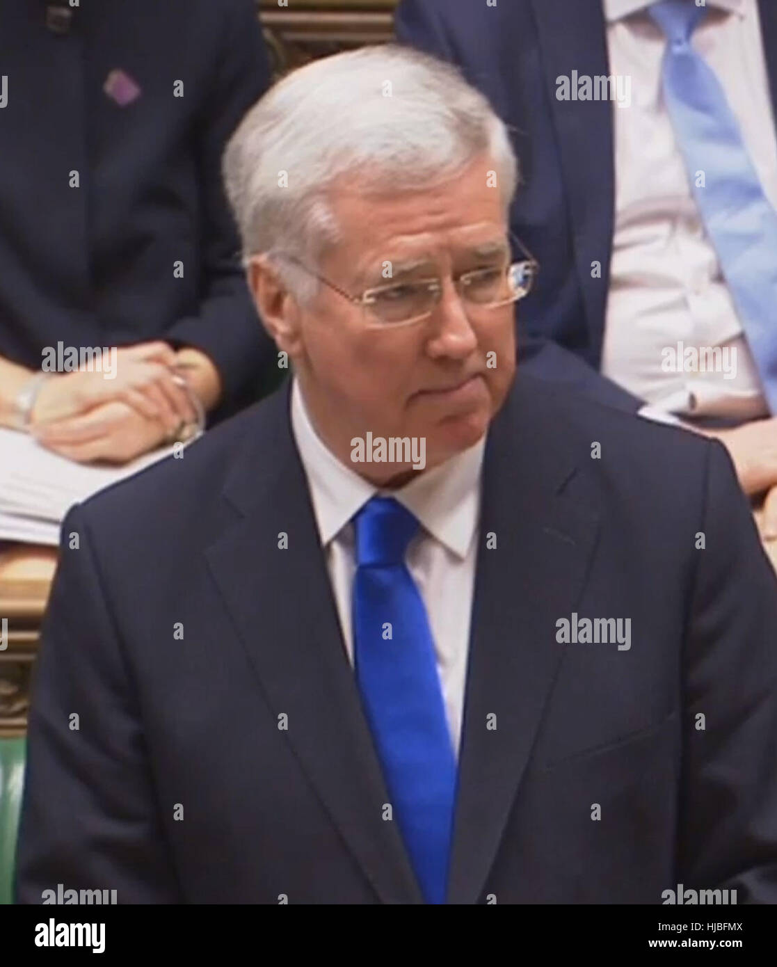 Defence Secretary Michael Fallon responding to an urgent question about the Trident missile test at the centre of cover-up allegations in the House of Commons, London. Stock Photo