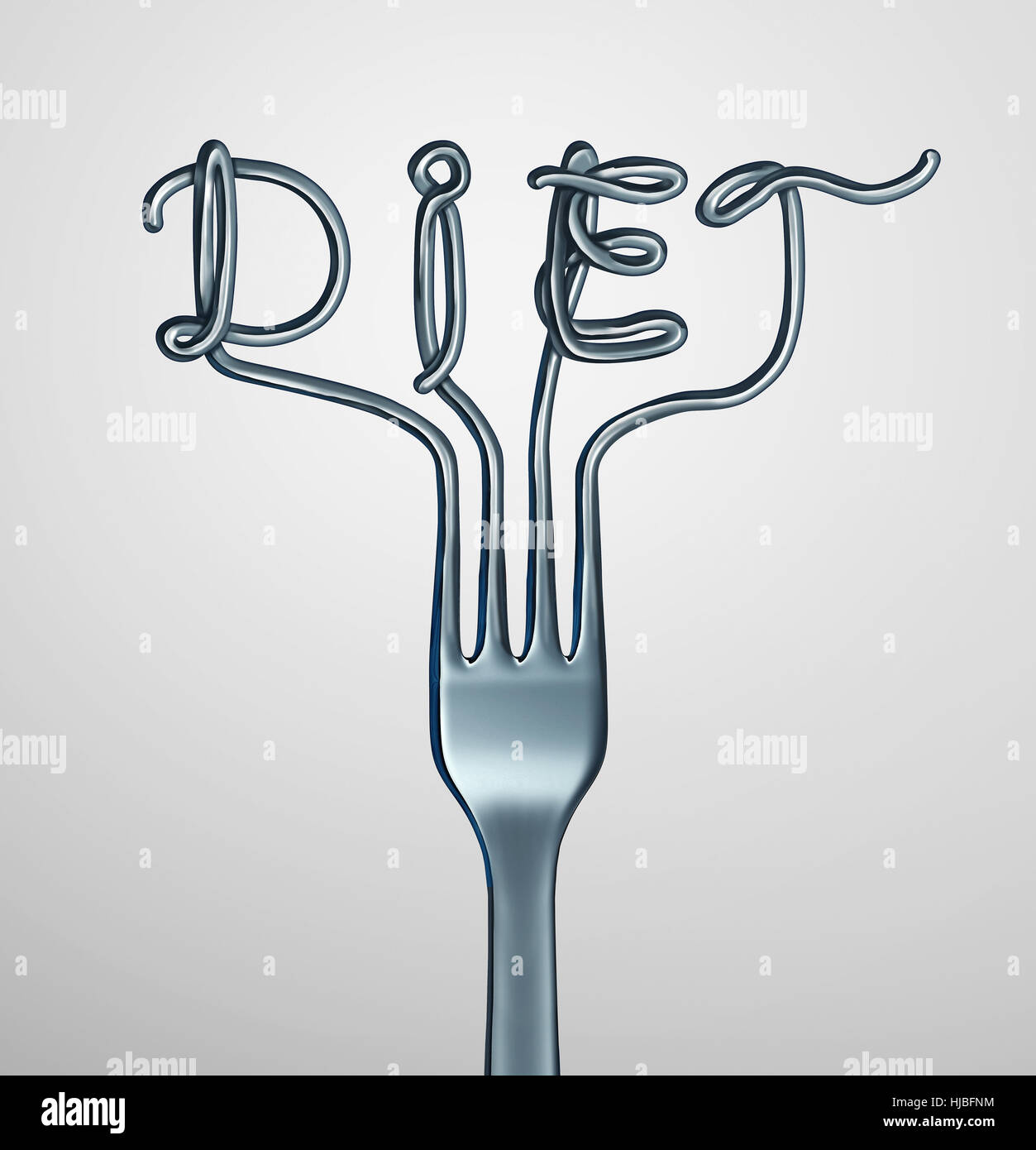 Diet fork symbol as dinner utensil shaped as text representing dieting and nutrition or anorexia and bulimia eating disorder as a 3D illustration. Stock Photo