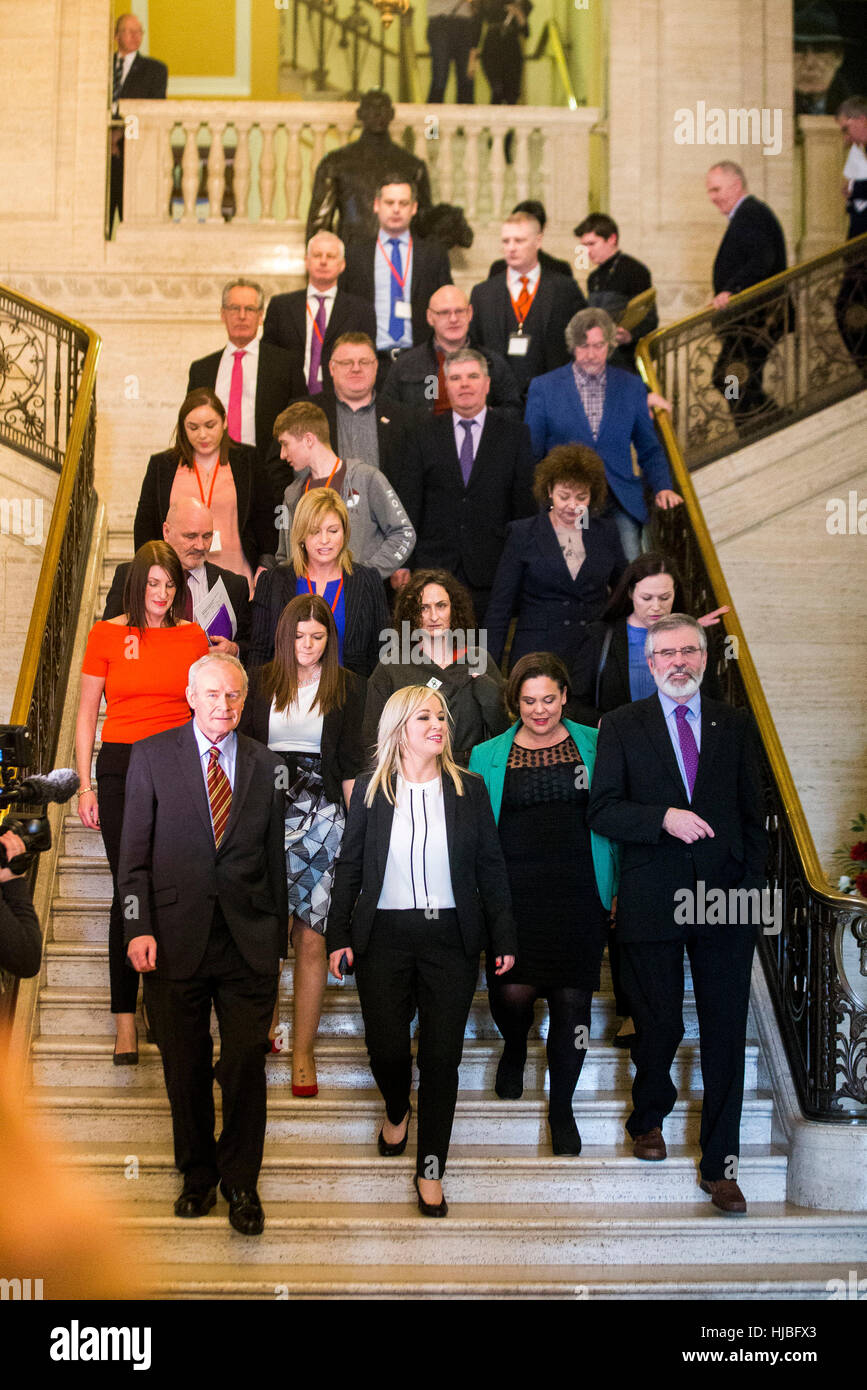 Newly appointed Sinn Fein leader for Stormont Michelle O'Neill (front centre) walks into the Great Hall at Stormont with party colleagues. Stock Photo