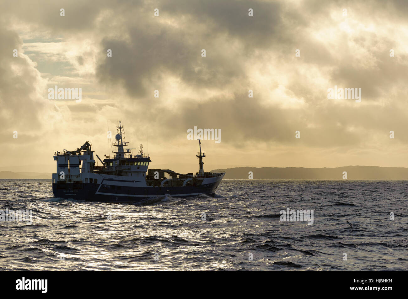 Fraserburgh pelagic trawler “Forever Grateful” fishing for mackerel near the isle of Papa Stour on the west coast of Shetland. October 2012. Stock Photo