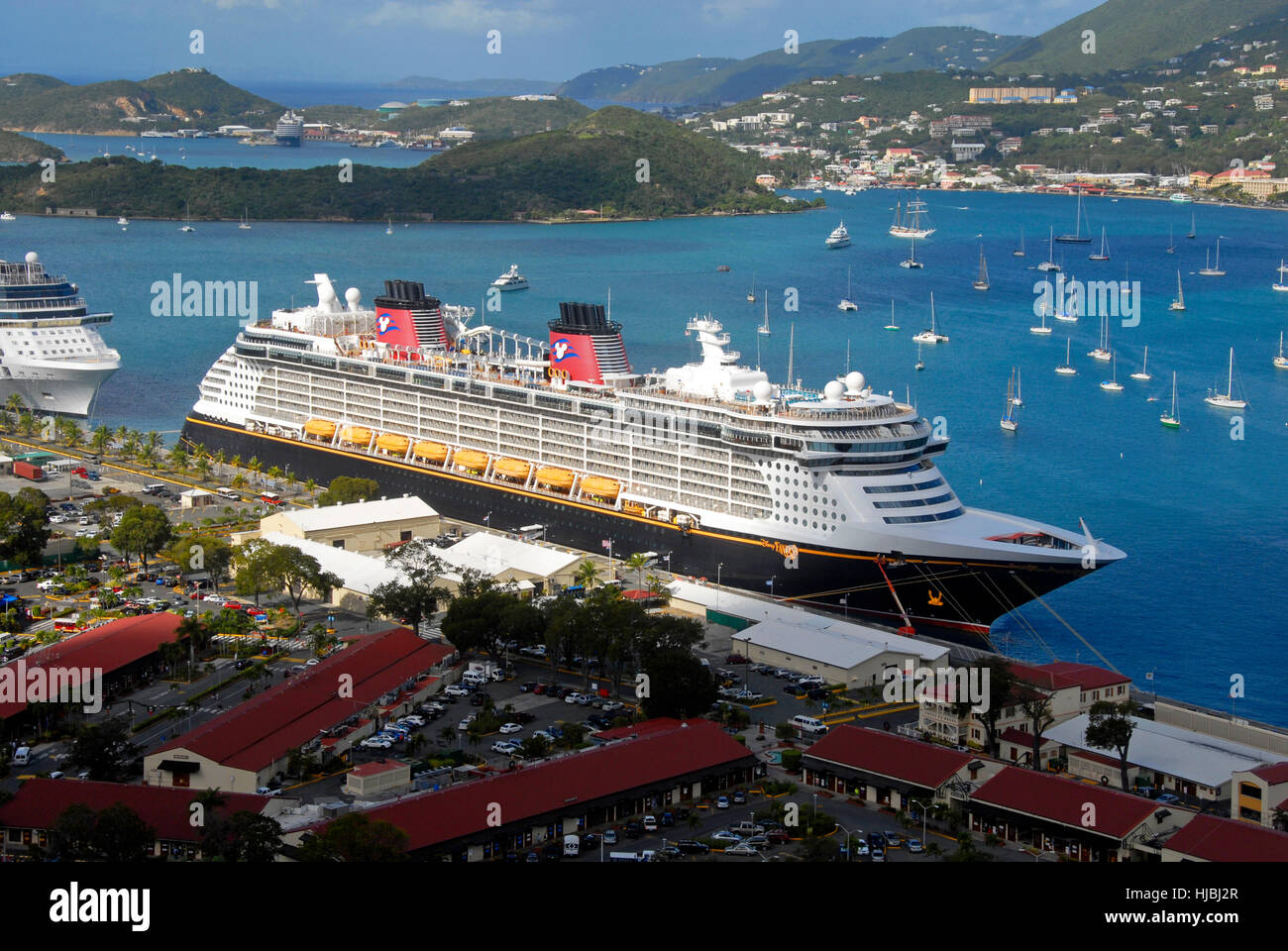 Cruise ships moored, St Thomas, Caribbean Stock Photo