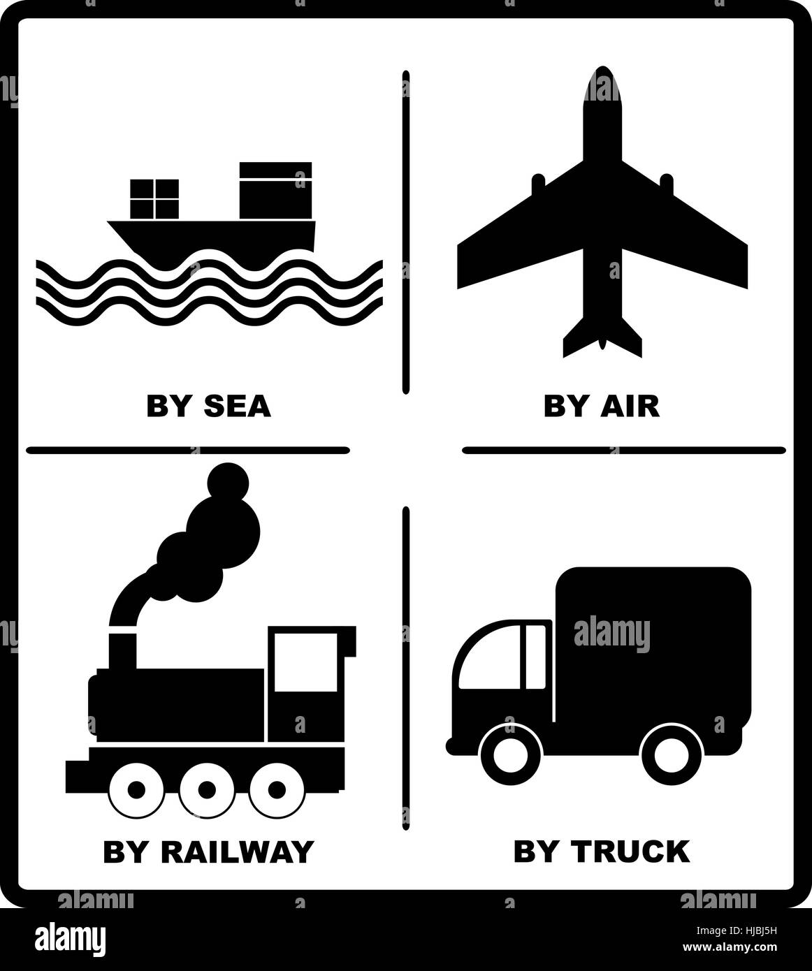 Passenger and cargo transportation by sea, railways, aircraft, trucks- vector illustration. Cargo shipping banner for box. Vector illustration. Black  Stock Vector