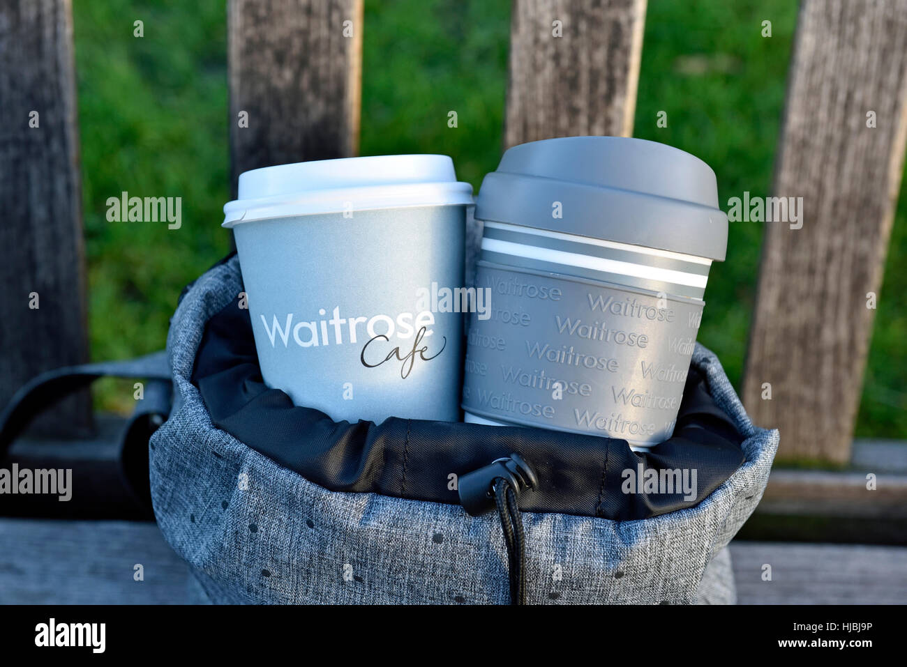 Waitrose disposable and reusable take away coffee cup and travel mug in