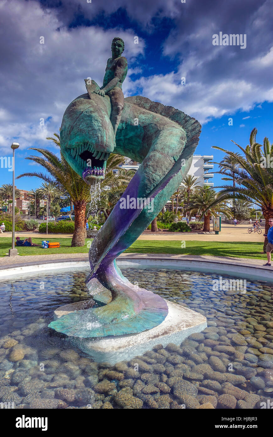 Bronze sculpture of boy riding sea serpent, Maspalomas, Gran Canaria