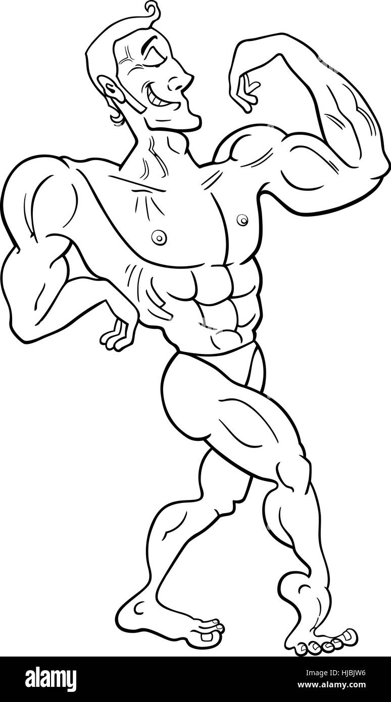 Black and White Cartoon Illustrations of Bodybuilder Making a Muscle Stock Vector