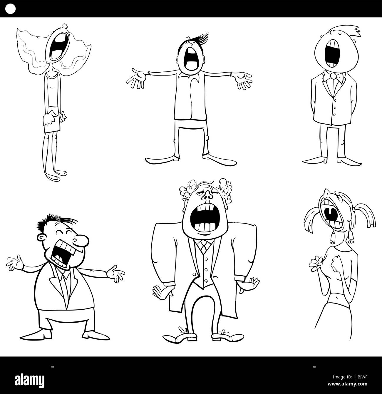 Black and White Cartoon Illustration Singing or Shouting People Characters Coloring Page Stock Vector