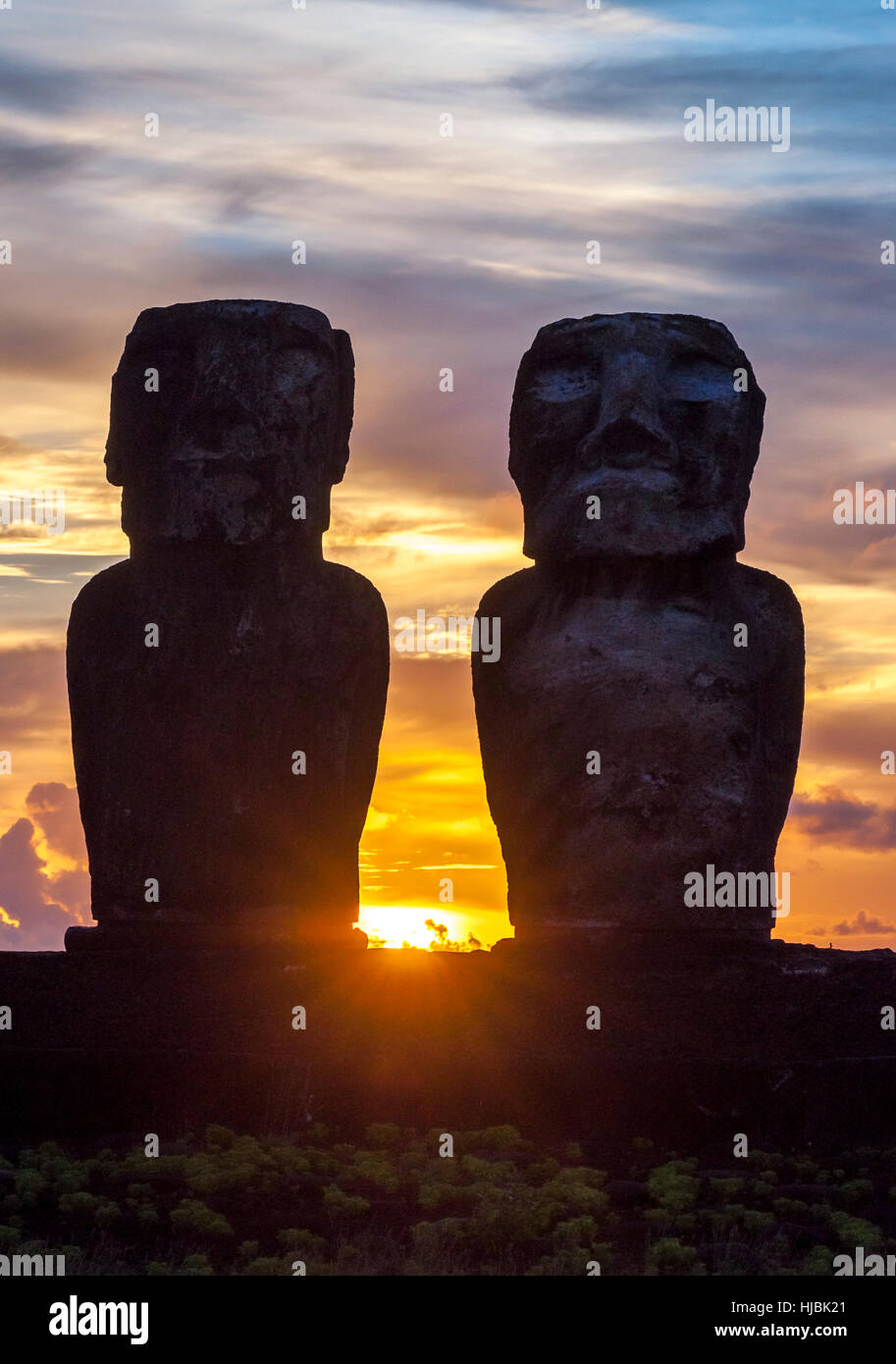 Sunrise on Moai at Tongariki ceremonial platform in Easter Island.Tongariki is the largest