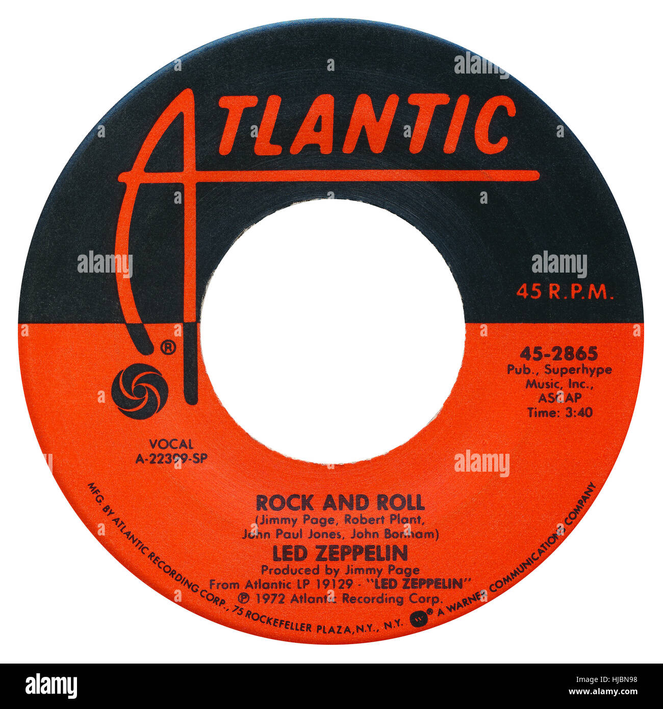 45 RPM 7' US record label of Rock And Roll by Led Zeppelin on the Atlantic label from 1972 Stock Photo