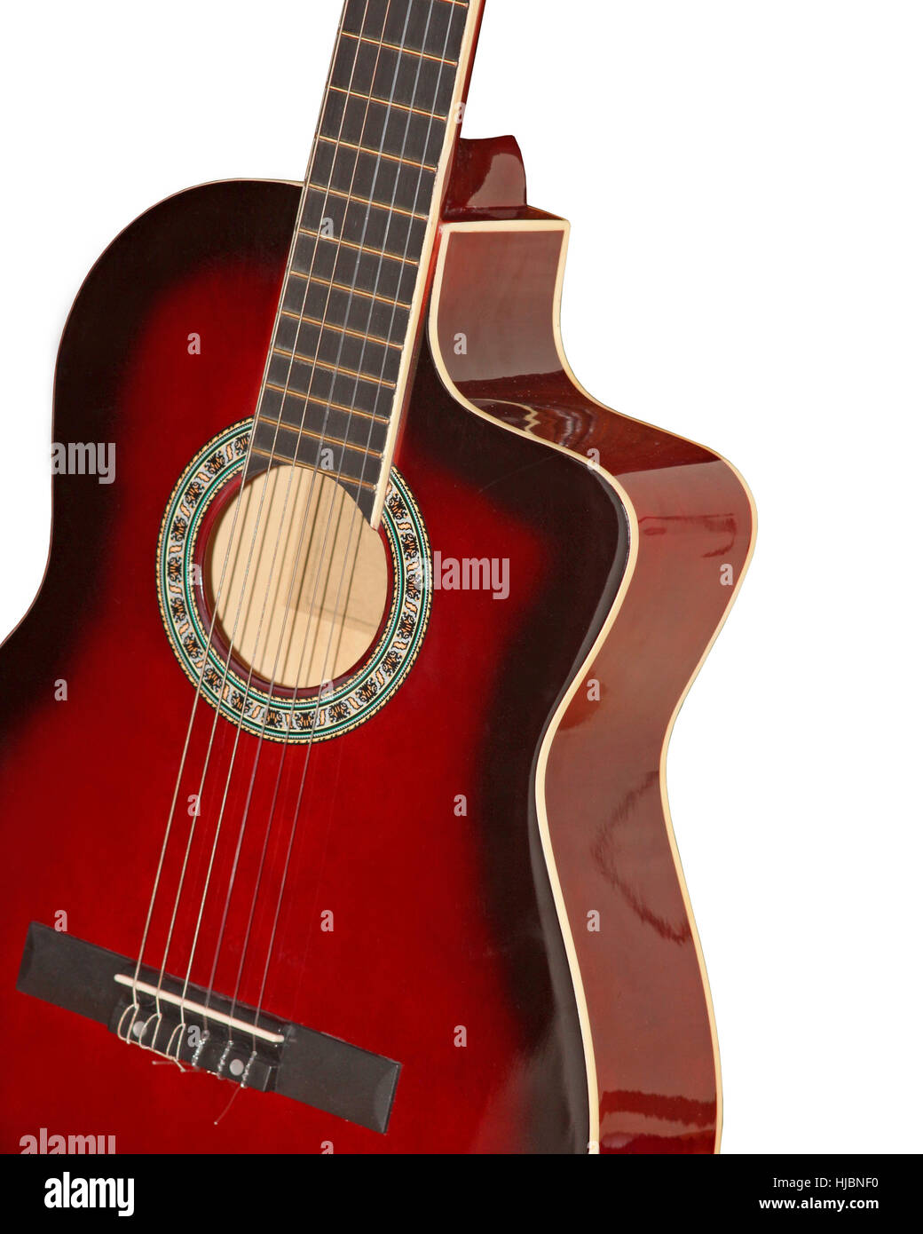 part of guitar with finger-board and strings on the white Stock Photo