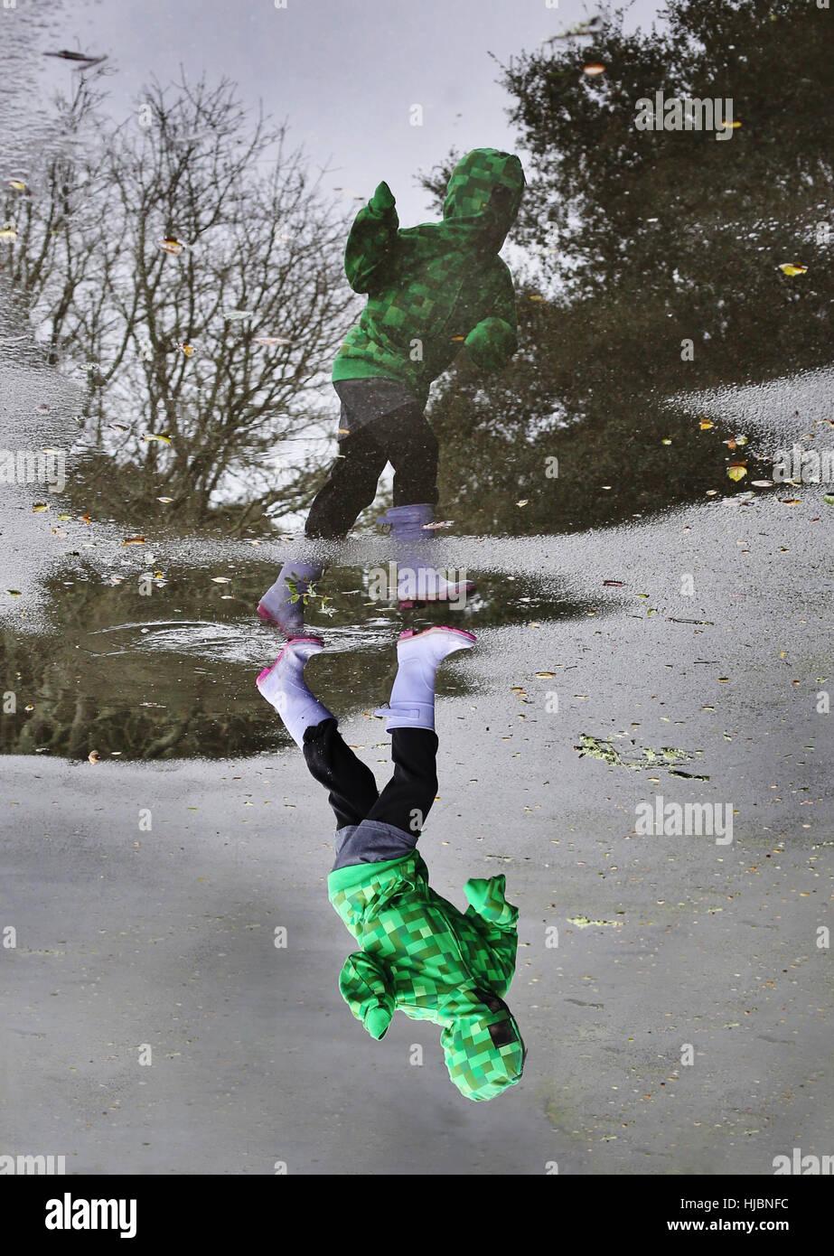 A child wearing a Minecraft Creeper jacket. Stock Photo