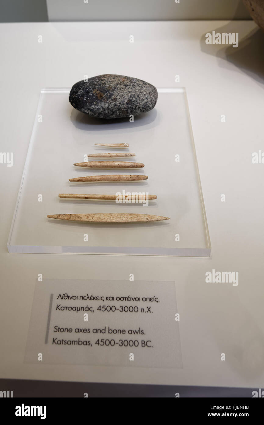 Bone awls,minonan culture, Katsambas, 4500-300 BC, Heraklion Archaeological Museum, Crete, Greece Stock Photo