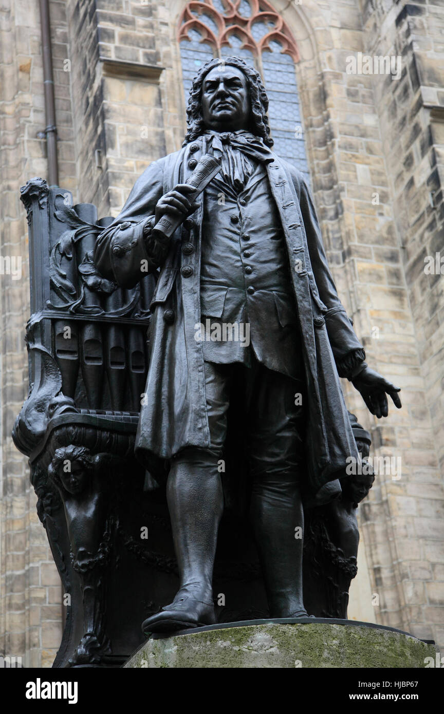 Johann Sebastian Bach Statue in front of Thomaskirche (church), Leipzig, Saxony, Germany, Europe Stock Photo