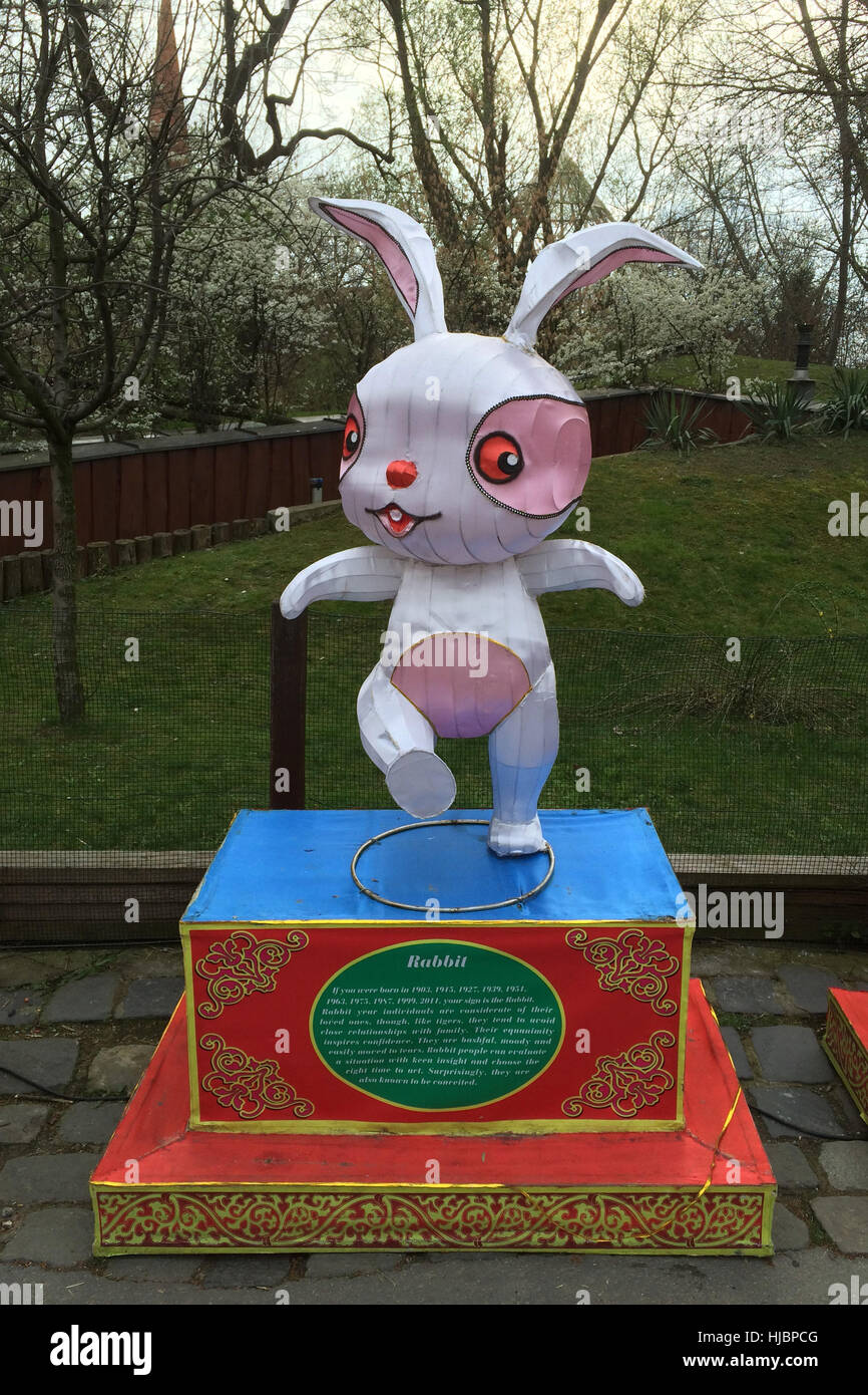 Textile figure of the Rabbit symbolized one of the signs of the Chinese zodiac installed at Budapest Zoo, Hungary. Stock Photo
