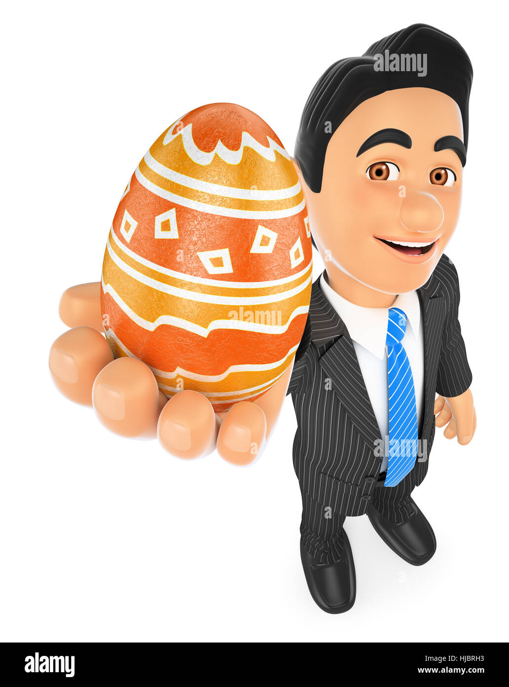 3d business people illustration. Businessman with a decorated easter egg. Isolated white background. Stock Photo