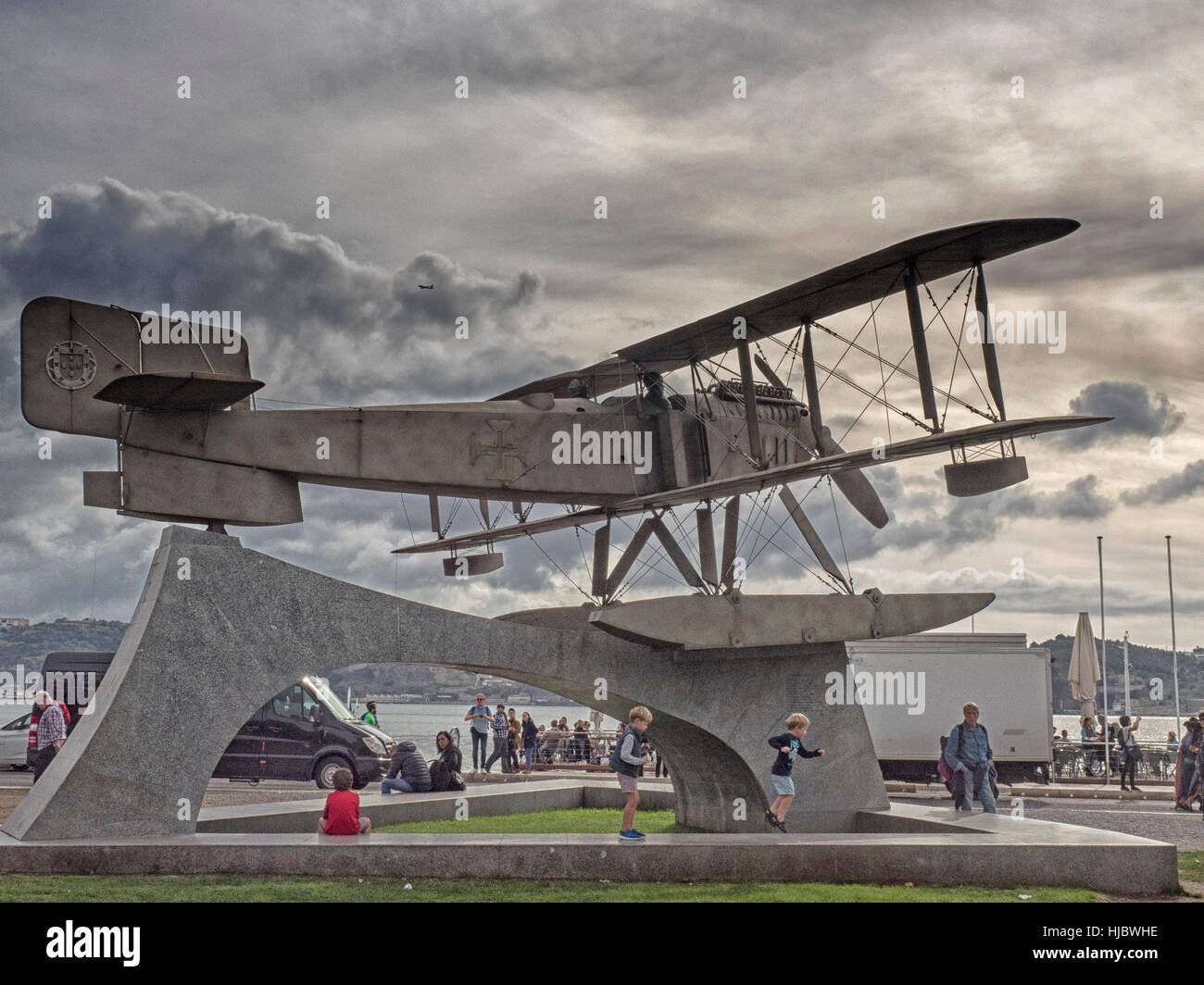 Biplane monument to aviation pioneer Gago Coutinho in Lisbon, Portugal. Stock Photo
