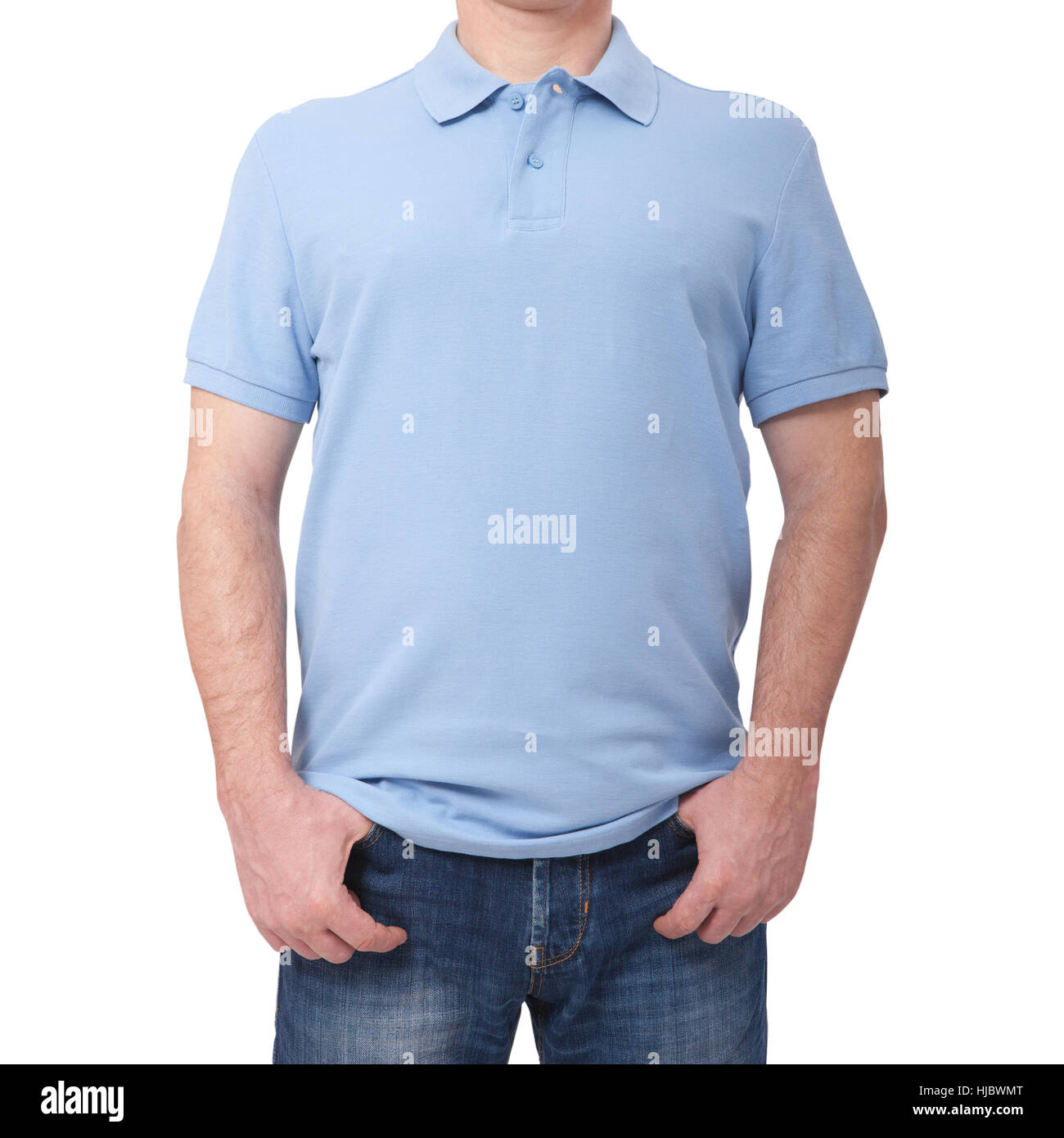 Man wearing blank blue t-shirt isolated on white background with copy space. Tshirt design and people concept - close up of men in blank shirt. Stock Photo