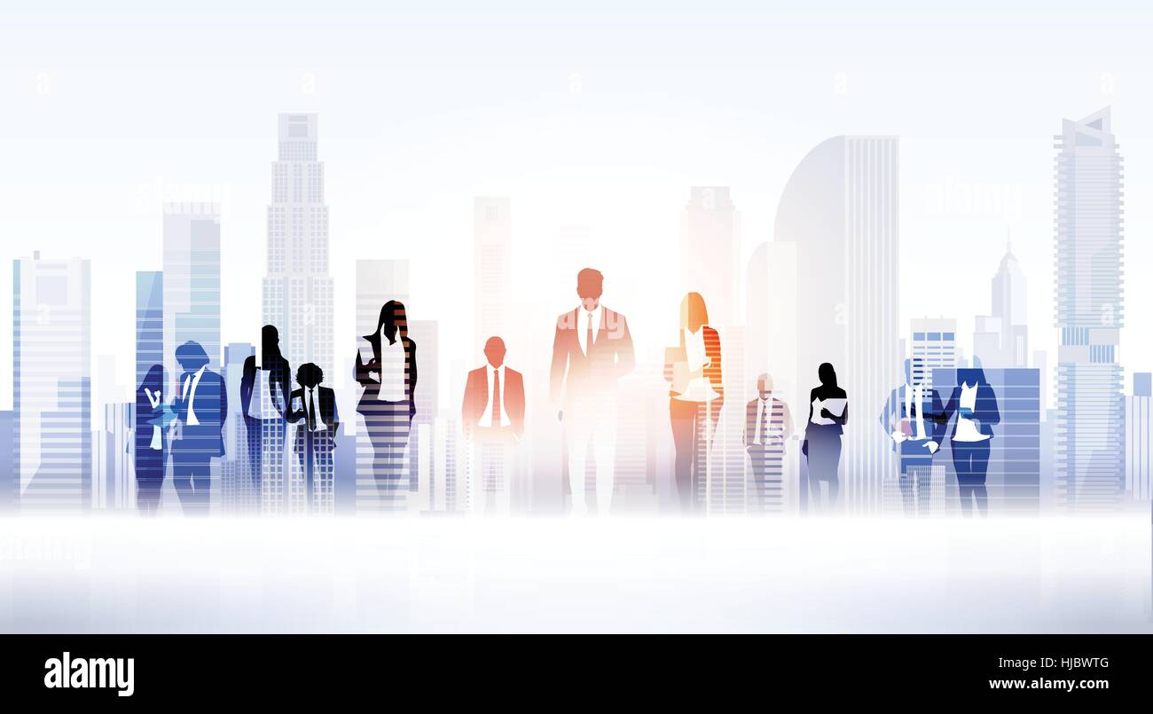 Business People Group Silhouettes Over City Landscape Modern Office ...