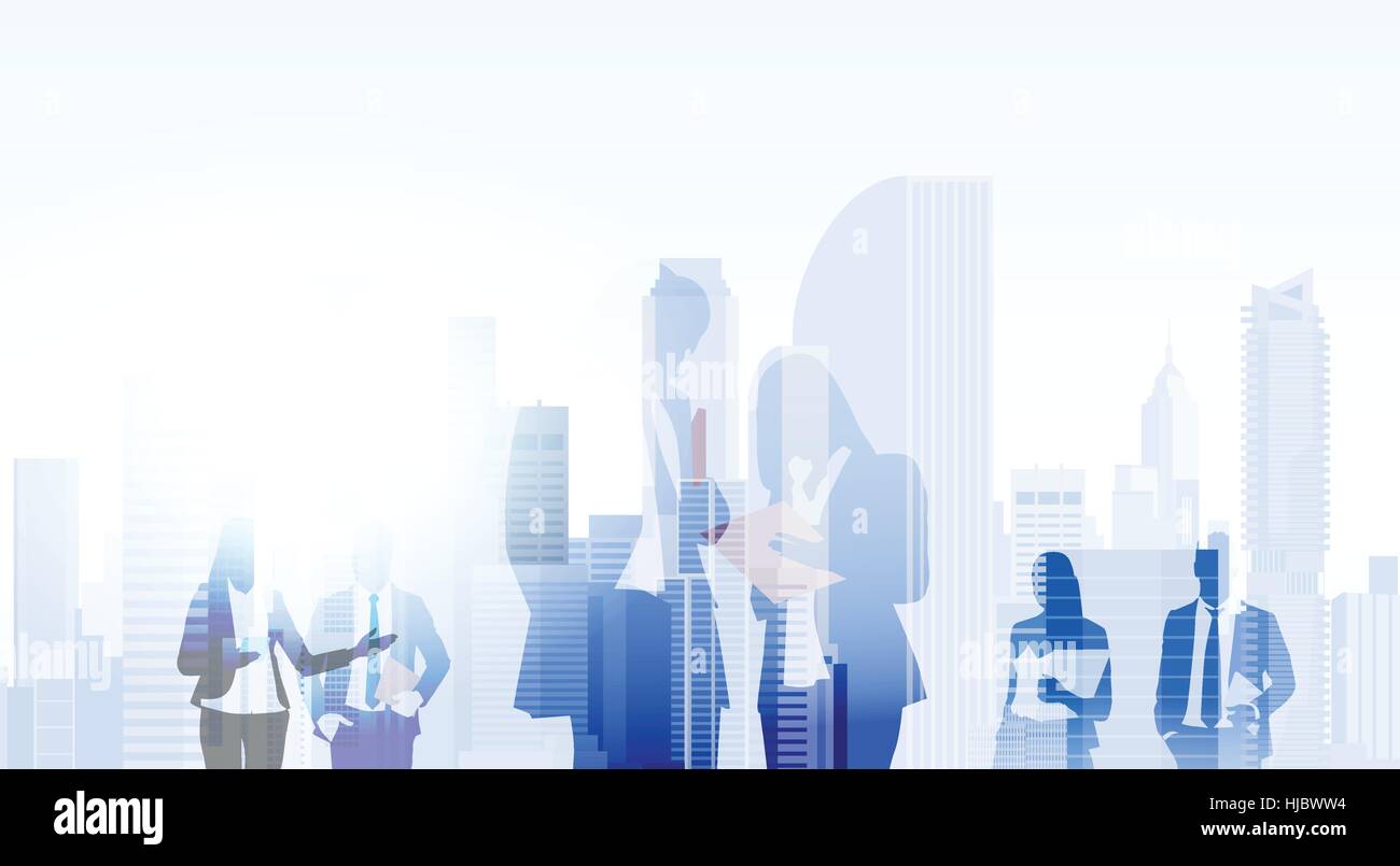 Business People Group Silhouettes Over City Landscape Modern Office ...