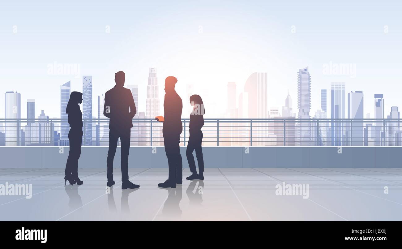 Business People Group Silhouettes Over City Landscape Modern Office ...