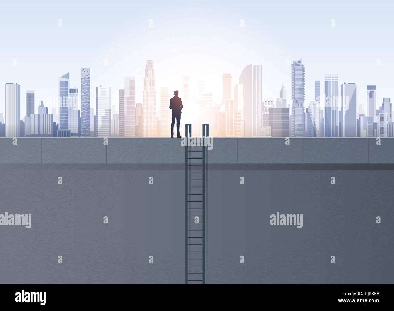 Business Man Silhouette On Office Building Roof Over Modern City