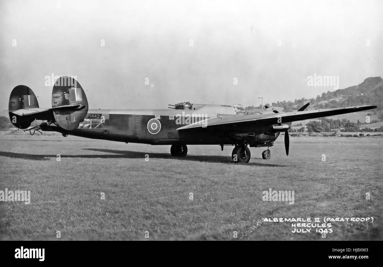 ARMSTRONG WHITWORTH ALBEMARLE II coded P1442 of 42 OTU which was lost  during the D-Day landings on 6 June 1944 while towing a Horsa glider. Photographed at Hucclecote, Gloucestershire in July 1943. Stock Photo