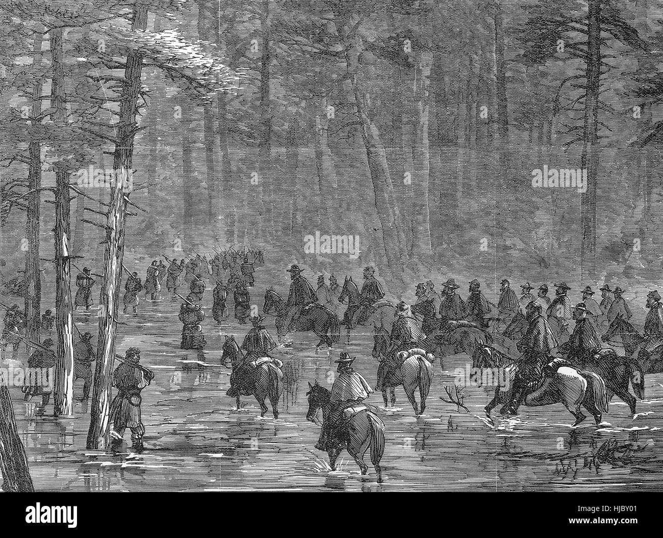 AMERICAN CIVIL WAR  Union General Sherman's troops advance through the swampy Salkenhatchie River area in South Carolina in February 1865 Stock Photo