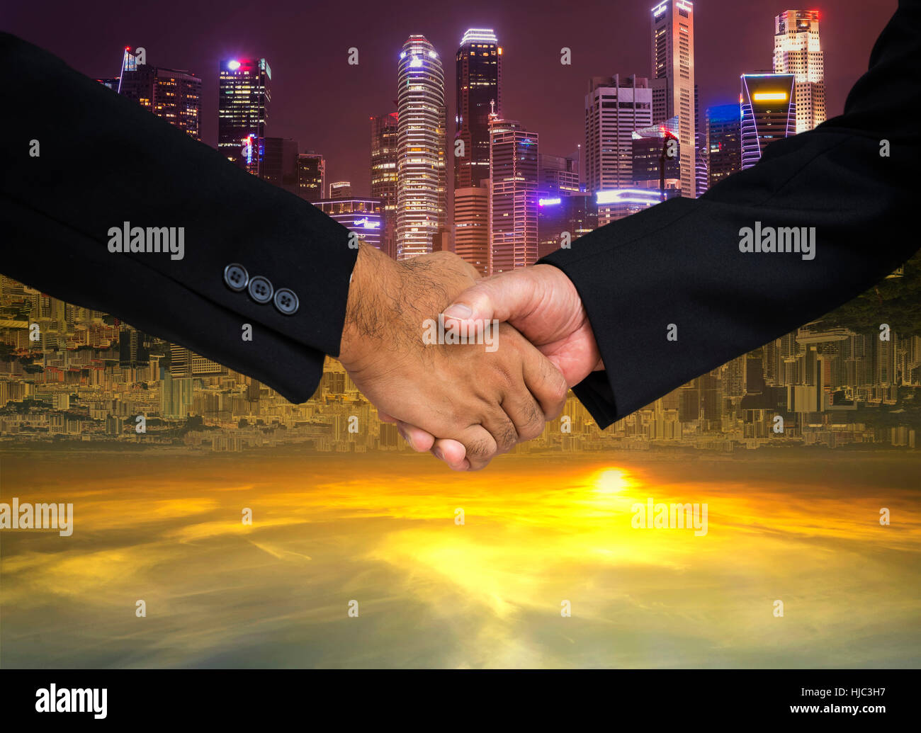 double side of cityscape background for commitment hand shake in business concept - can use to display or montage on product Stock Photo