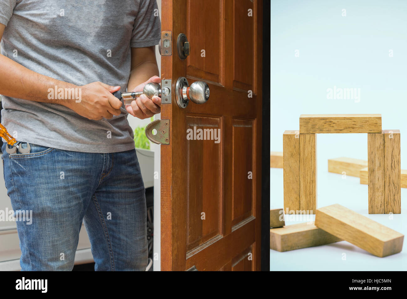 locksmith open the wood door to house loan concept can use to display or montage on product