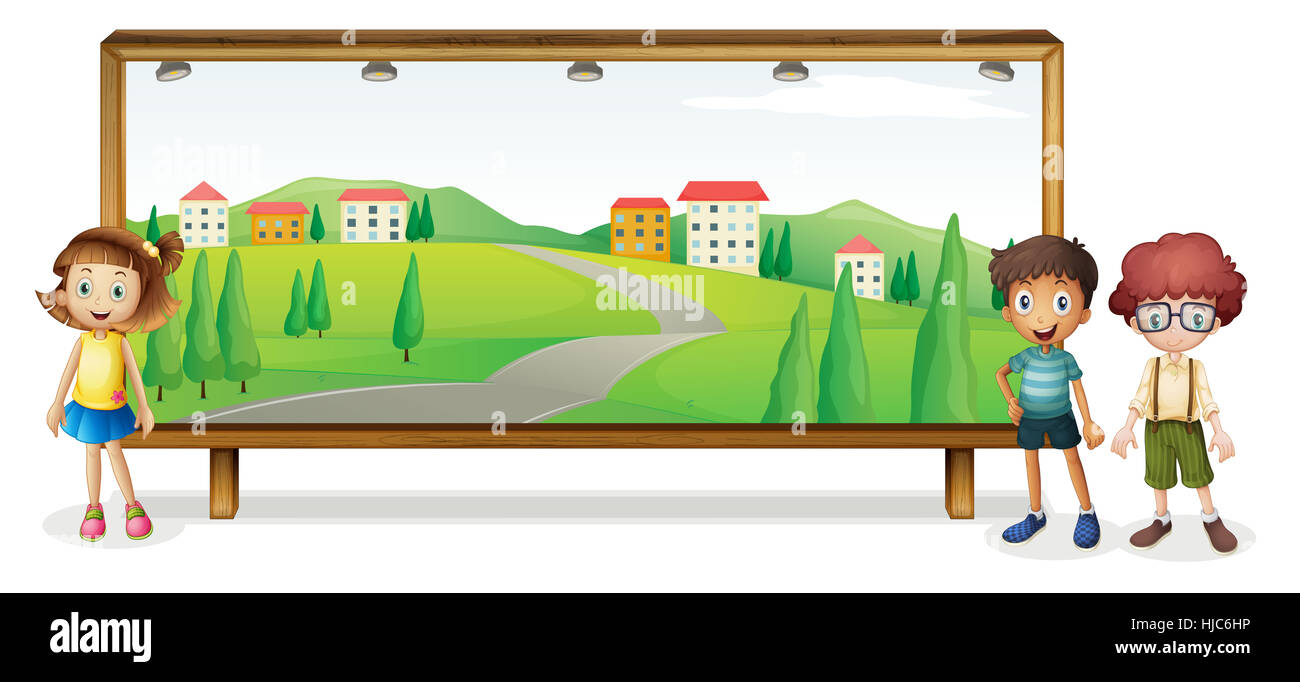 illustration of kids and board on white background Stock Photo - Alamy