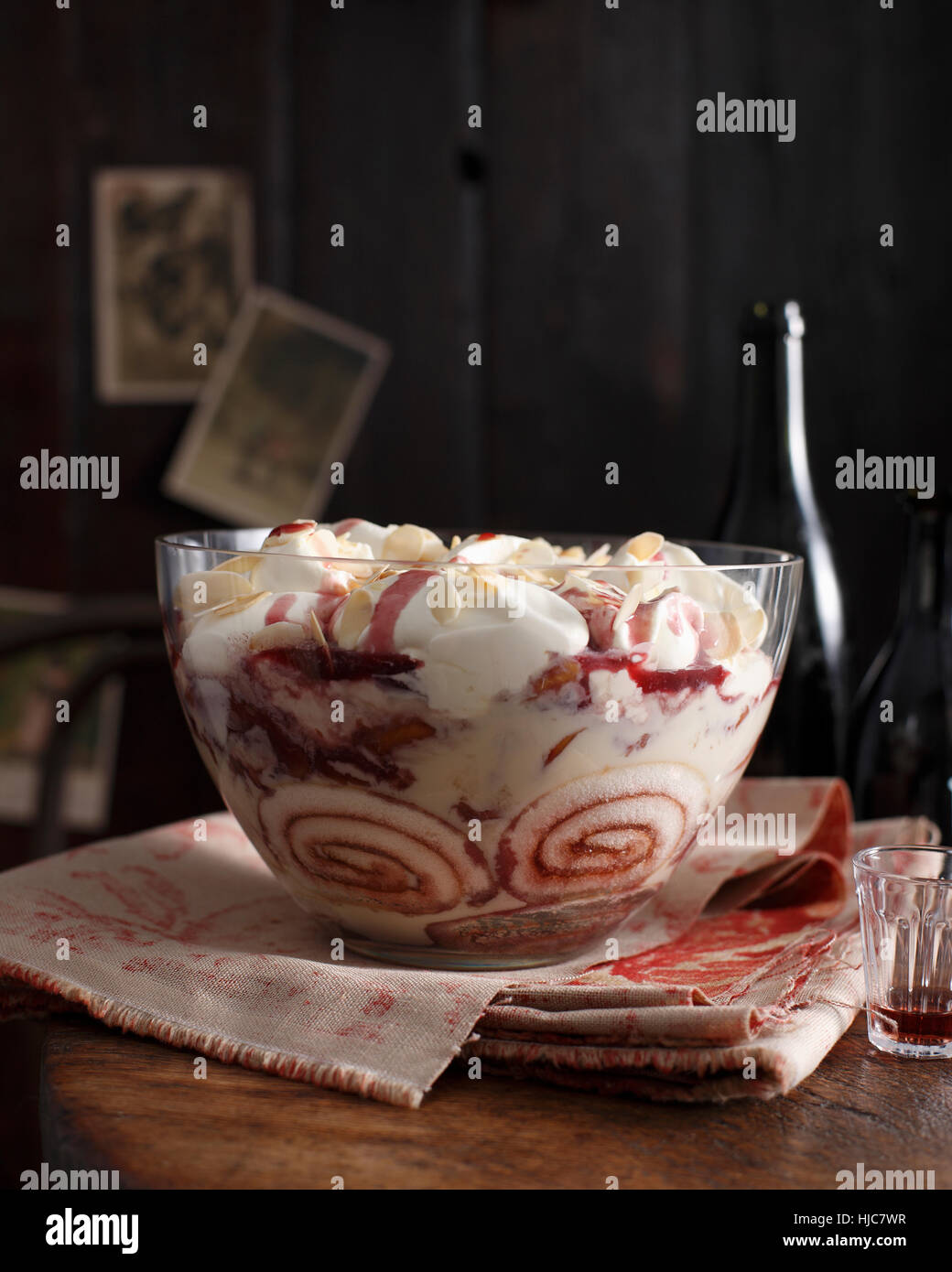 Bistro dessert of port wine trifle on table Stock Photo